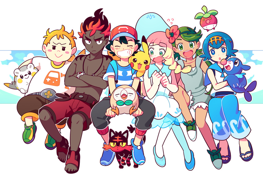 3girls baggy_pants baseball_cap belt black_hair black_pants blonde_hair blue_eyes blue_hair blue_pants blue_sailor_collar blush_stickers bounsweet braid bright_pupils brown_pants capri_pants chueog closed_eyes dark_skin dark_skinned_male dress flower gen_1_pokemon gen_7_pokemon green_eyes green_hair hair_flower hair_ornament hairband hat highres kaki_(pokemon) lillie_(pokemon) litten long_hair maamane_(pokemon) mao_(pokemon) multicolored_hair multiple_boys multiple_girls open_mouth orange_hair overalls pants pikachu pokemon pokemon_(anime) pokemon_(creature) pokemon_sm_(anime) popplio red_hair red_shorts rowlet sailor_collar sandals satoshi_(pokemon) shirt short_hair shorts sitting sleeveless sleeveless_dress spiked_hair striped striped_shirt suiren_(pokemon) sun_hat togedemaru trial_captain white_dress white_hat z-ring