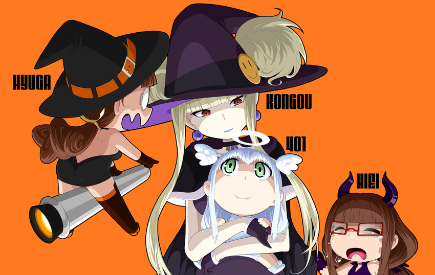 aoki_hagane_no_arpeggio badge black_dress black_gloves blonde_hair blue_hair blue_lipstick boots breasts brown_eyes brown_gloves brown_hair brown_legwear button_badge cape cape_tug character_name chibi choker closed_mouth crying demon_horns dress earrings fang_out glasses gloves green_eyes halloween halloween_costume halo halterneck hat head_tilt hiei_(aoki_hagane_no_arpeggio) highres horns hug hug_from_behind hyuuga_(aoki_hagane_no_arpeggio) iona jewelry kamo_3 kongou_(aoki_hagane_no_arpeggio) lipstick long_hair looking_up low_ponytail makeup medium_breasts monocle multiple_girls number orange_background pointing purple_gloves red-framed_eyewear short_twintails sidelocks simple_background sleeveless sleeveless_dress smile smiley_face strapless strapless_dress thigh_boots thighhighs twintails very_long_hair white_wings wings witch witch_hat |_|