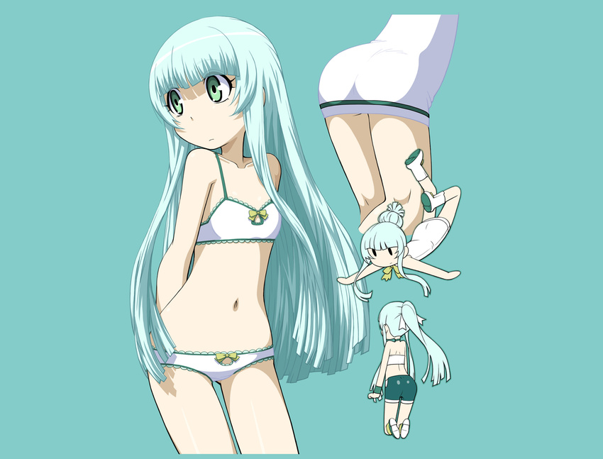 alternate_hairstyle aoki_hagane_no_arpeggio aqua_background arms_behind_back ass ass_visible_through_thighs bandeau bike_shorts black_footwear blue_hair boots bow bow_panties bra closed_mouth collarbone cropped_legs flat_chest frown green_eyes hair_bun hair_ribbon i-402_(aoki_hagane_no_arpeggio) kamo_3 kneeling kneepits long_hair looking_away multiple_views navel panties ponytail ribbon shoes sidelocks simple_background solid_oval_eyes sweatband underwear very_long_hair white_bra white_footwear white_ribbon