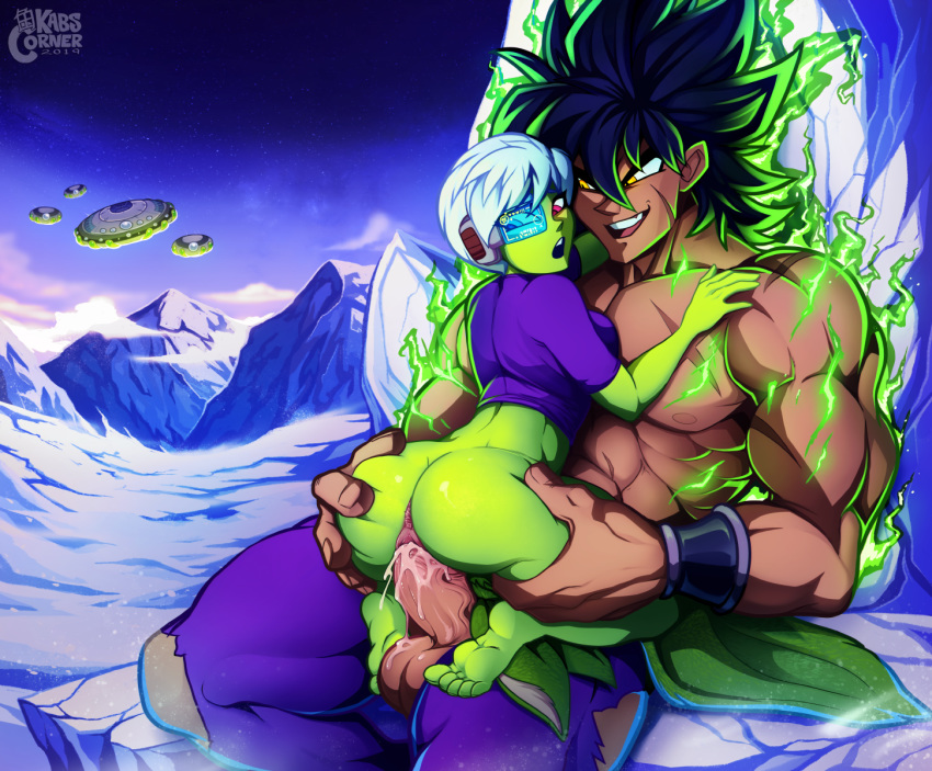 ass_grab broly broly_(dragon_ball_super) cheelai clothed_sex cum cum_in_pussy dragon_ball dragon_ball_(classic) green_skin happy_sex hetero muscle overflow sex size_difference smile