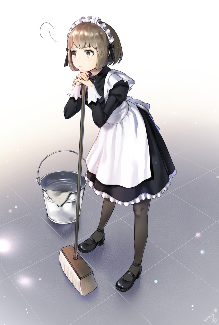absurdres apron bangs black_legwear blush brown_eyes brown_hair bucket bucket_of_water closed_mouth frilled_apron frills full_body hieung highres leaning_on_object looking_to_the_side maid maid_headdress mary_janes mop original own_hands_together pantyhose shoes short_hair signature solo standing tile_floor tiles