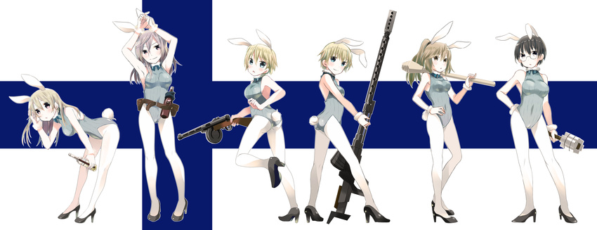 absurdres adapted_costume alcohol alternate_costume animal_ears anti-materiel_rifle armpits arms_up aurora_e_juutilainen belt black_hair blonde_hair blue_eyes bottle bow bowtie brave_witches bundled_charge bunny_ears bunny_tail bunnysuit commentary contrapposto covered_navel eila_ilmatar_juutilainen eini_a_lukkanen explosive finland finnish_flag full_body glasses grenade gun hand_on_hip hands_up hanna_wind high_heels highres lahti_l39 laura_nissinen leaning_forward legs lineup long_hair looking_at_viewer looking_back looking_to_the_side molotov_cocktail multiple_girls nikka_edvardine_katajainen open_mouth pantyhose panzerfaust ponytail rifle short_hair siblings silver_eyes silver_hair sisters sniper_rifle standing standing_on_one_leg strike_witches submachine_gun suomi_kp/-31 suomio tail trigger_discipline turtleneck weapon white_legwear wine_bottle world_witches_series