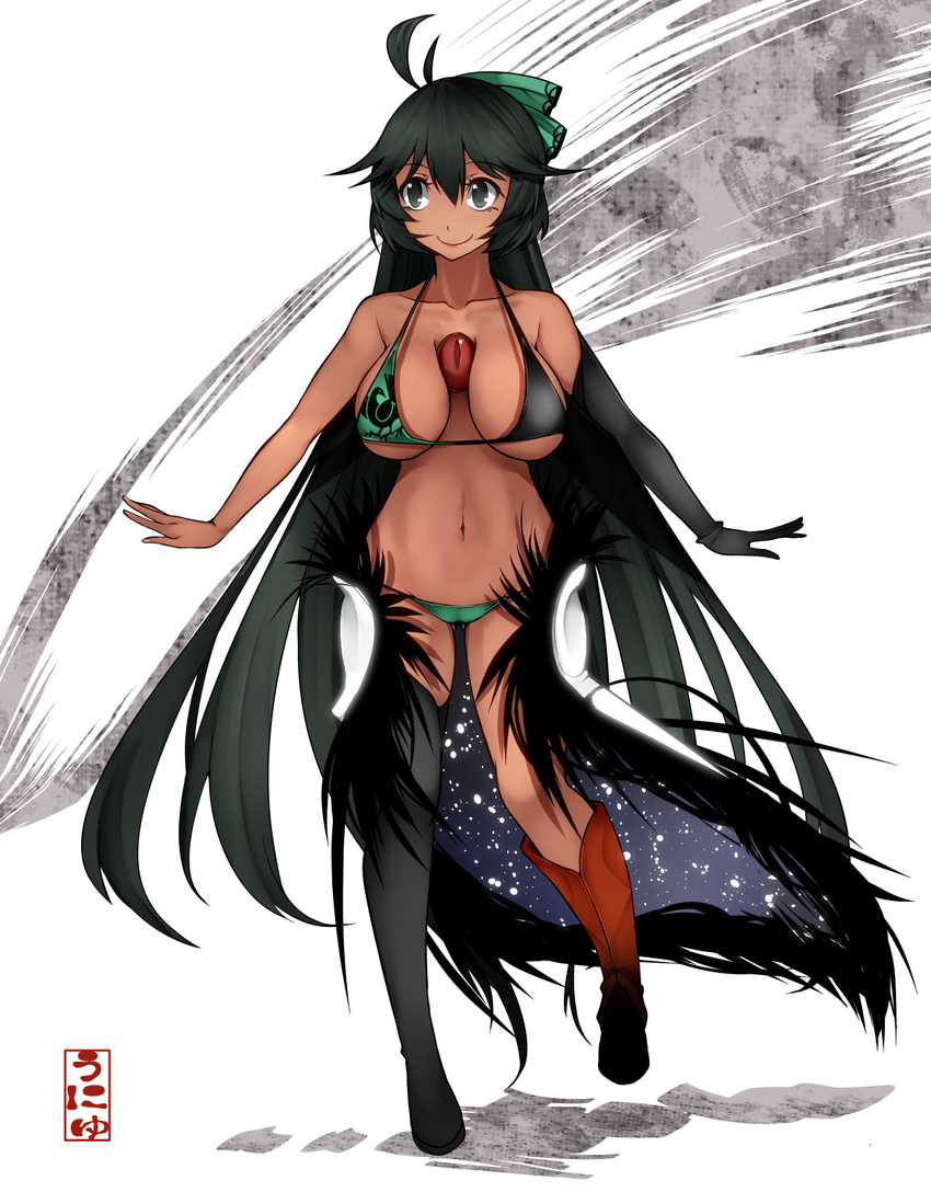 adapted_costume ahoge aoshima arms_at_sides ass_visible_through_thighs asymmetrical_clothes asymmetrical_legwear between_breasts bikini black_eyes black_gloves black_hair black_legwear boots bow breasts cape collarbone commentary_request dark_skin elbow_gloves eyebrows_visible_through_hair feathers full_body gloves hair_between_eyes hair_bow highres large_breasts long_hair looking_away mismatched_footwear navel outstretched_arms red_eyes reiuji_utsuho single_boot single_glove single_thighhigh skindentation slit_pupils smile solo stomach swimsuit thighhighs third_eye touhou underboob very_long_hair