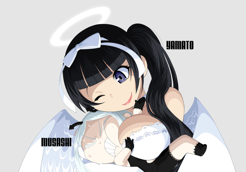 ;) angel_costume aoki_hagane_no_arpeggio bangs between_breasts black_dress black_gloves black_hair blunt_bangs bow breasts character_name cheek_squash clenched_teeth closed_mouth colored_eyelashes dress gloves grey_background hair_bow halloween halloween_costume halo head_tilt kamo_3 large_breasts long_hair lying multiple_girls musashi_(aoki_hagane_no_arpeggio) on_back one_eye_closed outstretched_arm purple_eyes side_ponytail simple_background sleeveless sleeveless_dress smile strapless strapless_dress teeth white_bow white_hair white_wings wings yamato_(aoki_hagane_no_arpeggio)