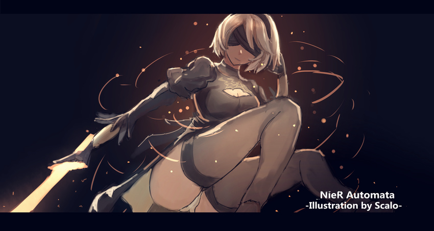 artist_name ass black_dress blindfold breasts cleavage cleavage_cutout closed_mouth copyright_name dress facing_viewer grey_legwear hairband highres holding holding_sword holding_weapon juliet_sleeves letterboxed long_sleeves medium_breasts mole mole_under_mouth nier_(series) nier_automata puffy_sleeves scalo short_hair solo sword thighhighs underwear weapon white_hair yorha_no._2_type_b