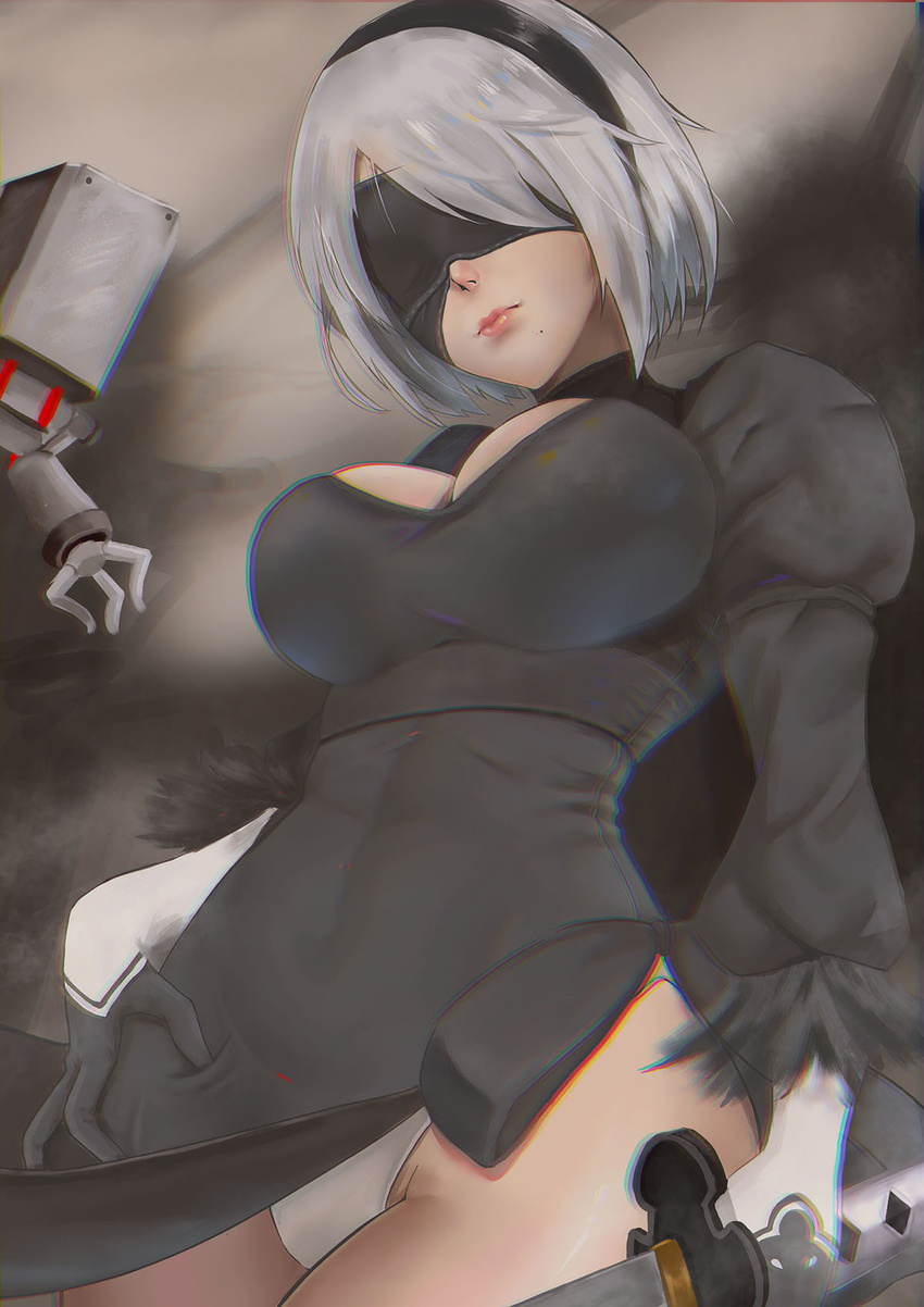 black_dress black_hairband blindfold breasts chromatic_aberration cleavage cleavage_cutout closed_mouth covered_eyes covered_navel cowboy_shot dress drone gloves groin hair_over_eyes hairband highleg highleg_leotard highres holding holding_sword holding_weapon huihuimao juliet_sleeves large_breasts legs_together leotard lips long_sleeves machinery mole mole_under_mouth nier_(series) nier_automata pink_lips pod_(nier_automata) puffy_sleeves robot short_hair side_slit silver_hair solo sword turtleneck vambraces weapon white_leotard yorha_no._2_type_b