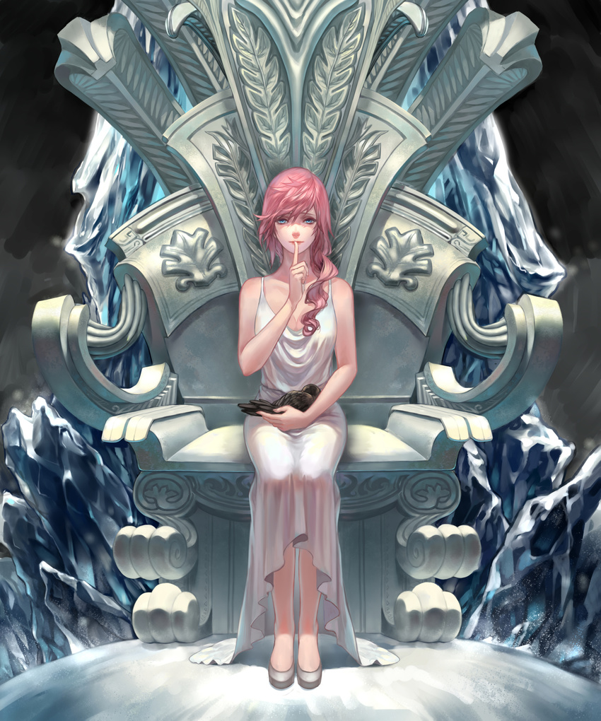 absurdres animal bird blue_eyes breasts cleavage closed_mouth downscaled dress final_fantasy final_fantasy_xiii finger_to_mouth full_body highres lightning_farron long_hair looking_at_viewer md5_mismatch medium_breasts pink_hair relear resized shoes sitting sleeveless sleeveless_dress spaghetti_strap throne white_dress white_footwear