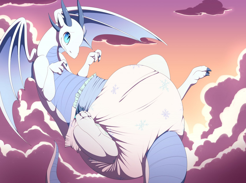 blue_eyes claws cloud cute diaper dragon feet feral flying kurikia male sky smile solo sunset wings