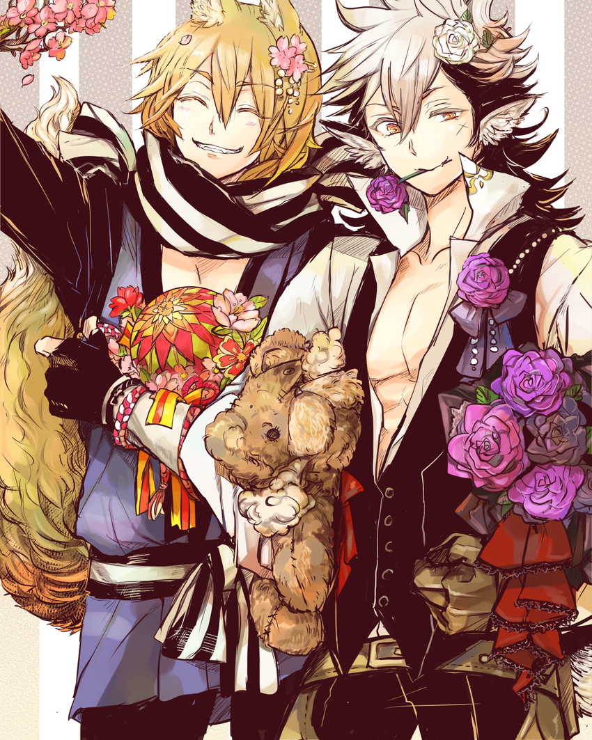 animal_ears ball black_hair cherry_blossoms closed_eyes fingerless_gloves fire_emblem fire_emblem_if flannel_(fire_emblem_if) flower fox_ears fox_tail gloves hair_flower hair_ornament highres long_hair male_focus multicolored_hair multiple_boys nishiki_(fire_emblem_if) orange_eyes orange_hair rose scar scarf stuffed_animal stuffed_toy tail teddy_bear teeth torisudesu two-tone_hair white_hair wolf_ears wolf_tail