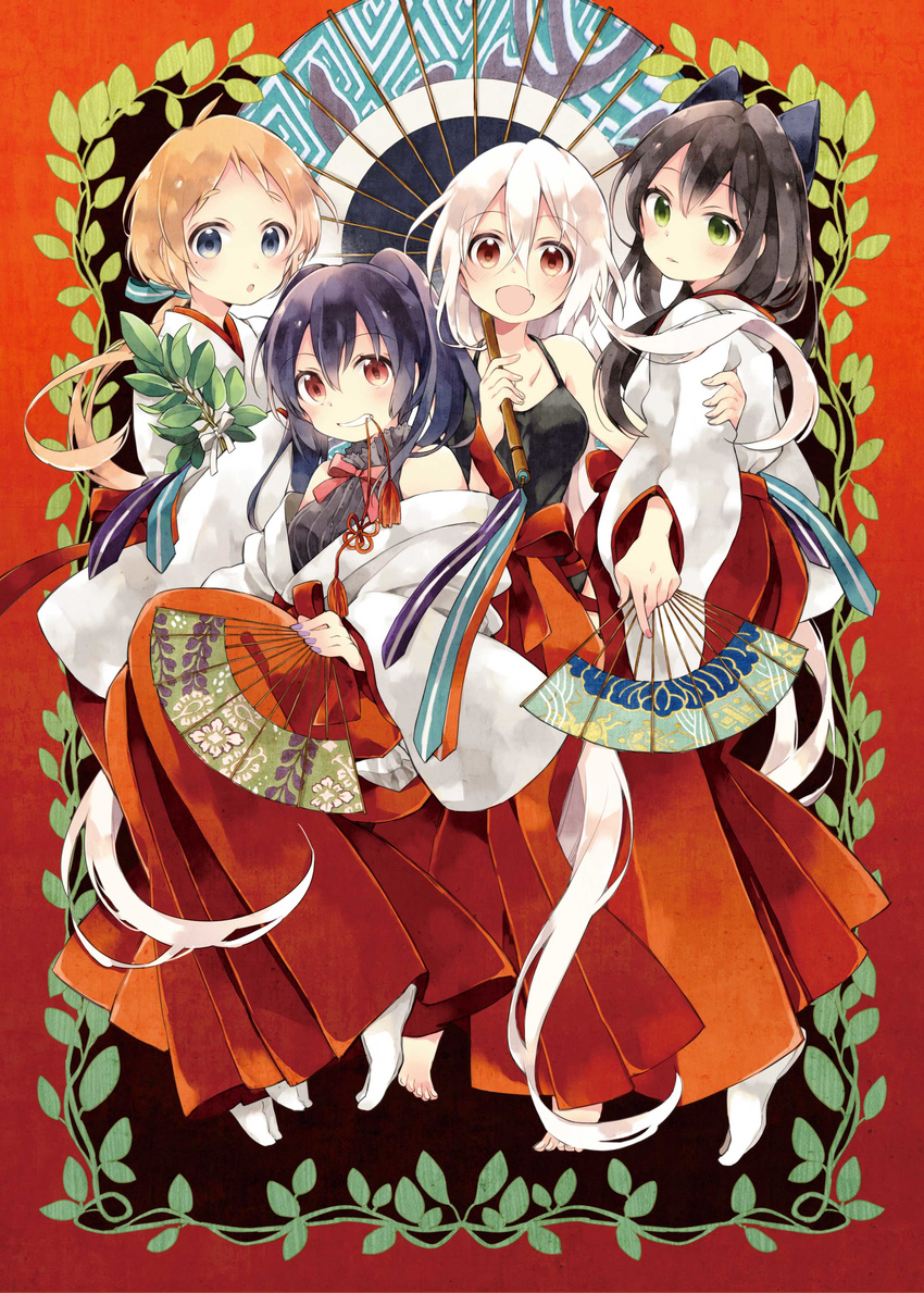 :d :o absurdres barefoot black_hair blonde_hair branch chiya_(urara_meirochou) fan fang green_eyes grin hair_between_eyes hair_ribbon hakama harikamo highres japanese_clothes long_hair miko mole mole_under_eye multiple_girls natsume_nono no_shoes official_art open_mouth oriental_umbrella paper_fan red_eyes red_hakama ribbon silver_hair smile tabi tatsumi_kon tied_hair twintails umbrella urara_meirochou very_long_hair white_legwear yukimi_koume