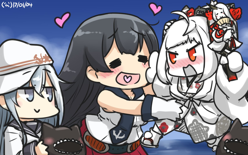 agano_(kantai_collection) ahoge anchor_symbol black_hair blue_eyes blush commentary dated enemy_aircraft_(kantai_collection) flat_cap hagoita hammer_and_sickle hamu_koutarou haori hat heart heart_in_mouth hibiki_(kantai_collection) highres japanese_clothes kantai_collection kimono long_hair multiple_girls new_year northern_ocean_hime paddle red_eyes school_uniform seaport_hime serafuku shinkaisei-kan shirt silver_hair sleeveless sleeveless_shirt take_it_home verniy_(kantai_collection)