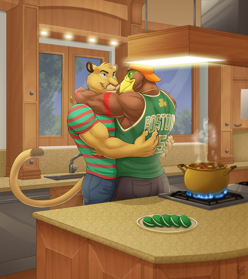 2015 5_fingers anthro avian backwards_baseball_cap baseball_cap beak biceps bird black_claws blue_bottomwear blue_clothing boston_celtics brown_feathers brown_fur brown_nose brown_tail claws clothed clothing cooking cooking_pot cougar detailed_background digital_media_(artwork) dipstick_tail duo embrace eye_contact eyebrows falcon feathers feline food fur furrybob green_clothing green_feathers green_topwear grey_bottomwear grey_clothing hand_on_back hat head_tuft hi_res hug hyperfalcon inside jeans jersey kitchen light long_tail love male male/male mammal multicolored_feathers multicolored_tail muscular muscular_male nba oven pants plate red_feathers shirt signature simon_(evane) sink smile standing tan_tail two_tone_tail whiskers window yellow_beak