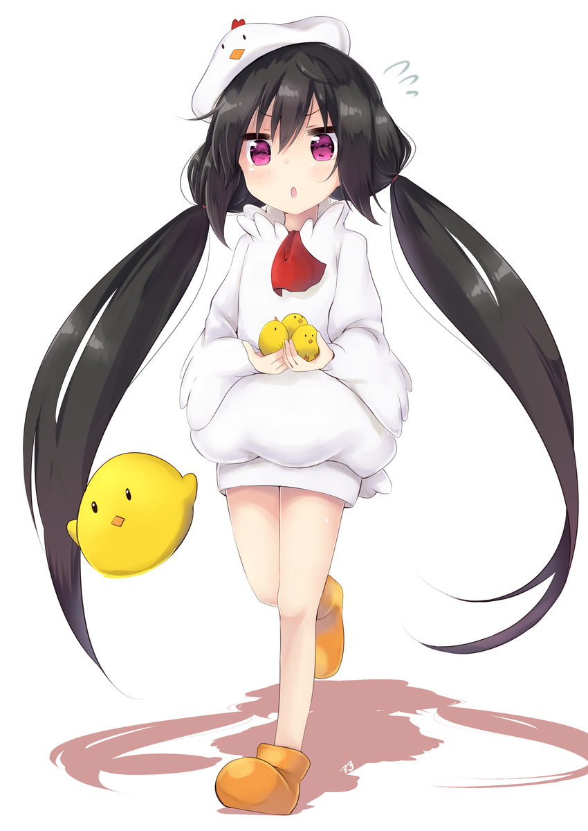 absurdres amano_kouki ascot bird black_hair carrying chick chicken_costume commentary_request flying_sweatdrops full_body hat highres long_hair looking_at_viewer note-chan original purple_eyes shoes simple_background solo twintails walking white_background
