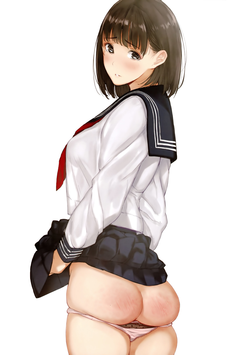 absurdres ass ass_support black_sailor_collar breasts brown_eyes brown_hair cowboy_shot eyebrows_visible_through_hair from_behind highres kotomine_hazuki lifted_by_self lips looking_at_viewer medium_breasts miniskirt original panties panty_pull parted_lips pink_panties pleated_skirt sailor_collar school_uniform see-through serafuku short_hair simple_background skindentation skirt skirt_lift skirt_removed slap_mark solo spanked thighs tsukino_wagamo underwear white_background