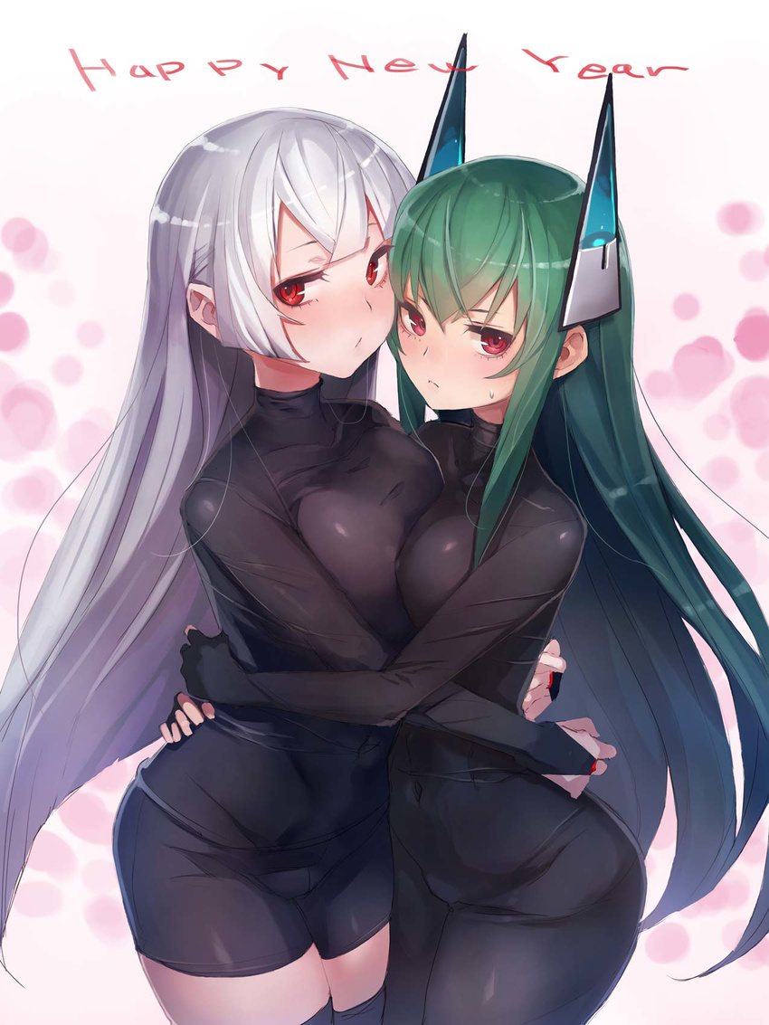 :&lt; :/ asymmetrical_docking bangs black_bodysuit black_legwear blunt_bangs blush bodysuit breast_press breasts bridal_gauntlets collarbone covered_navel expressionless gradient gradient_background green_hair happy_new_year headgear highres hug long_hair looking_at_viewer medium_breasts menou_kaname multiple_girls new_year original red_eyes sidelocks skin_tight sweatdrop taishi_(picchiridou) thighhighs tsuru-chan white_hair yuri