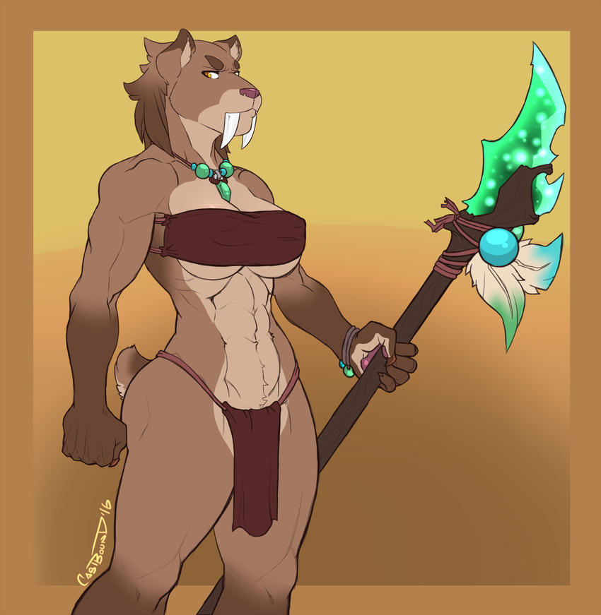 amber_eyes bra brown_fur brown_hair castbound clothed clothing fangs feline female fur hair jewelry loincloth mammal muscular muscular_female necklace poleaxe saber-toothed_cat solo standing thick_thighs tribal tusks underwear warrior