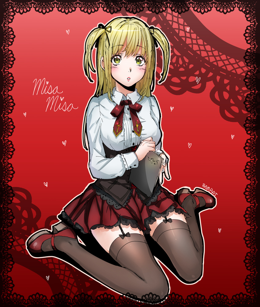 :o amane_misa bangs black_legwear blonde_hair blush bomhat book corset cross death_note frilled_skirt frills garter_straps green_eyes hair_ribbon half_updo highres holding holding_book lace lipstick long_hair long_sleeves looking_at_viewer makeup mary_janes necktie notebook open_mouth red_background ribbon shoes sitting skirt solo thighhighs two_side_up wariza