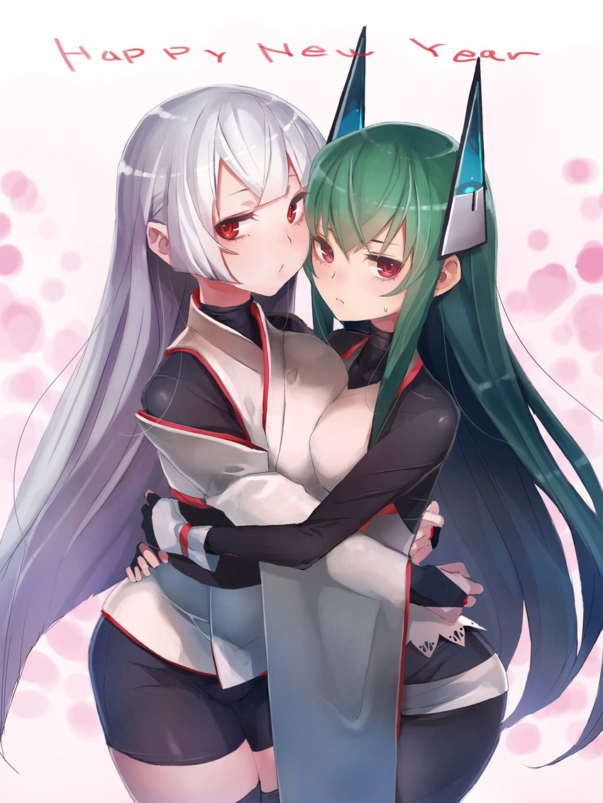 asymmetrical_docking bangs black_bodysuit black_legwear blunt_bangs blush bodysuit breast_press breasts bridal_gauntlets covered_navel detached_sleeves expressionless gradient gradient_background green_hair happy_new_year headgear highres hug japanese_clothes kimono long_hair long_sleeves looking_at_viewer medium_breasts menou_kaname multiple_girls new_year original red_eyes sidelocks skin_tight sleeveless sleeveless_kimono sweatdrop taishi_(picchiridou) thighhighs tsuru-chan white_hair wide_sleeves yuri