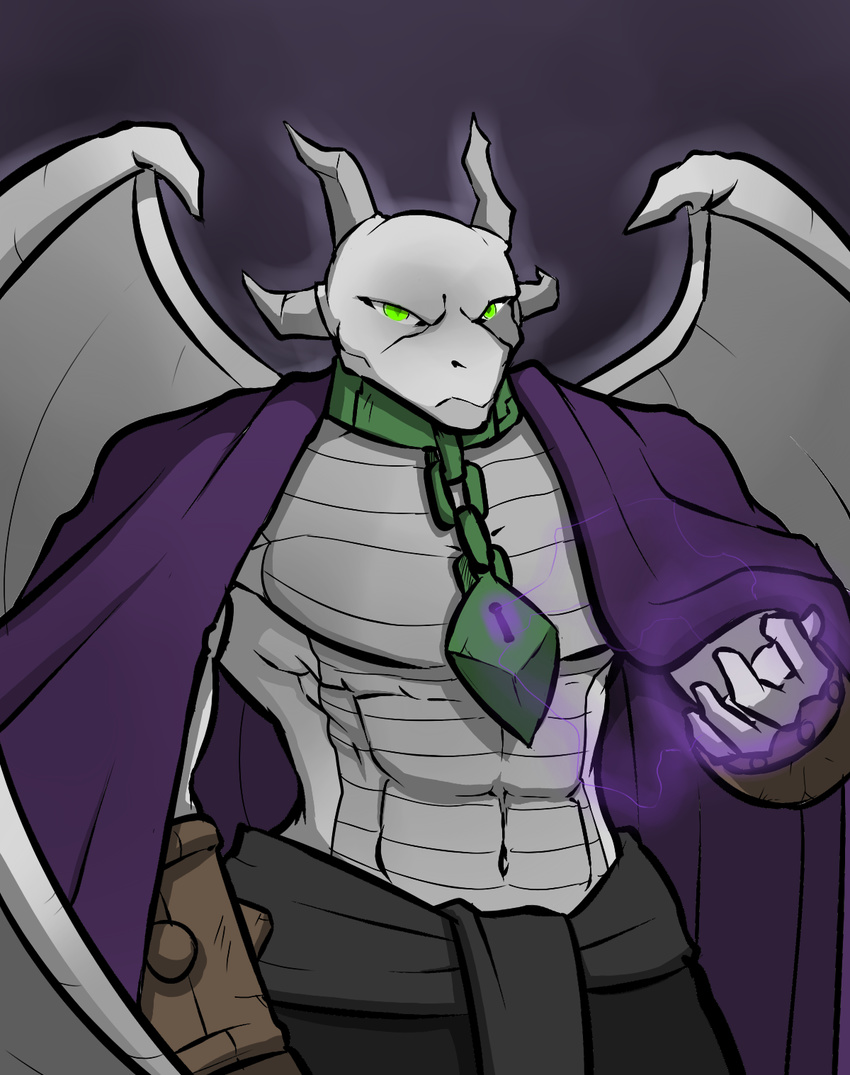 abs angry belt claws clothed clothing collar dragon entrogos glowing glowing_eyes green_eyes hayakain horn lock magic magic_user male muscular robes sash scowl solo topless villainous wings