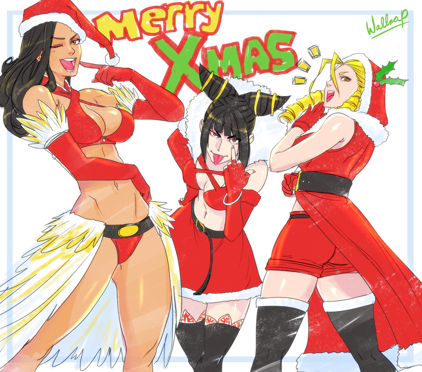 absurdres alternate_costume black_footwear black_hair black_legwear blonde_hair boots breasts christmas cleavage han_juri hat highres kanzuki_karin large_breasts laughing laura_matsuda looking_at_viewer multiple_girls ojou-sama_pose open_mouth santa_hat street_fighter street_fighter_v thigh_boots thighhighs tongue tongue_out wallace_pires zettai_ryouiki