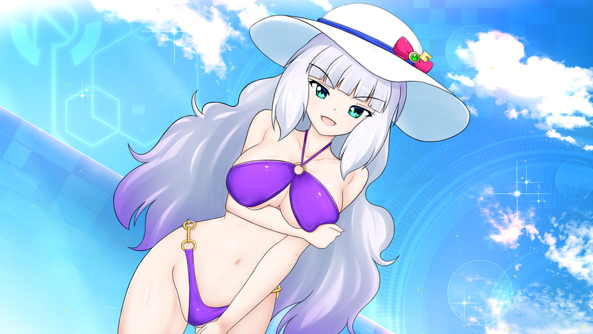 aqua_eyes bikini breasts day gundam gundam_exa hat highres kagayama_hajime large_breasts long_hair multicolored_hair ocean purple_bikini sky solo sthesia_awar_nono sun_hat swimsuit two-tone_hair white_hair