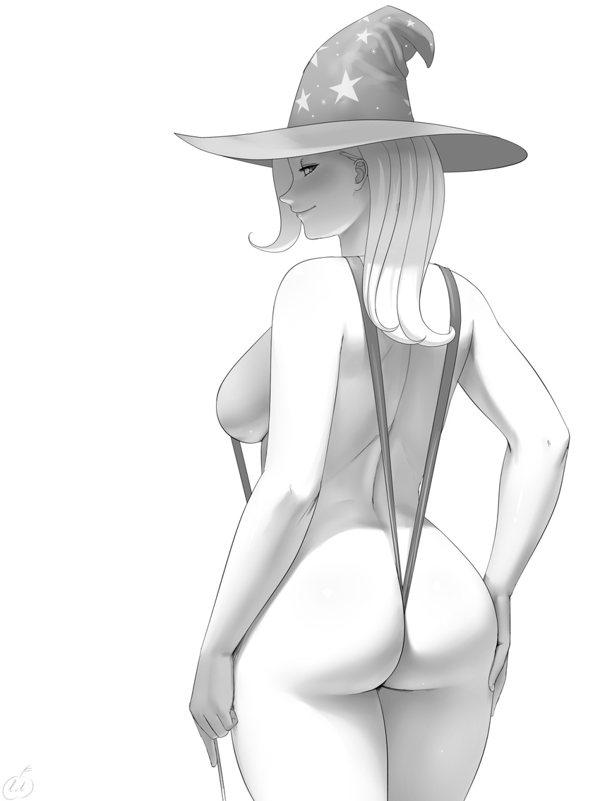 1girl artist_name ass breasts butt_crack hand_on_hip hat highres long_hair looking_at_viewer looking_back lvl_(sentrythe2310) medium_breasts my_little_pony my_little_pony_friendship_is_magic sideboob signature simple_background sling_bikini smile solo swimsuit trixie_lulamoon white_background witch_hat