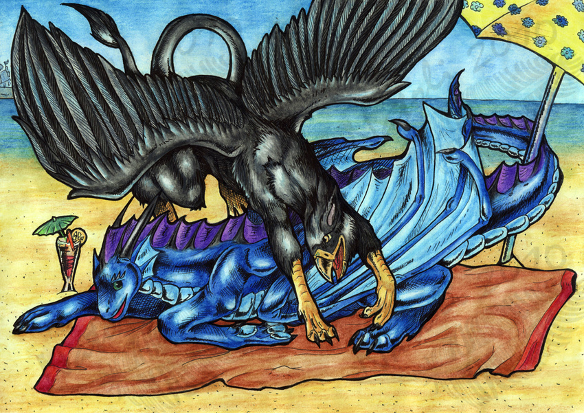 avian beach beak black_feathers brown_eyes claws day detailed_background dragon duo feathered_wings feathers feral green_eyes gryphon horn membranous_wings natoli nude open_mouth outside sand seaside sky smile spines traditional_media_(artwork) water wings