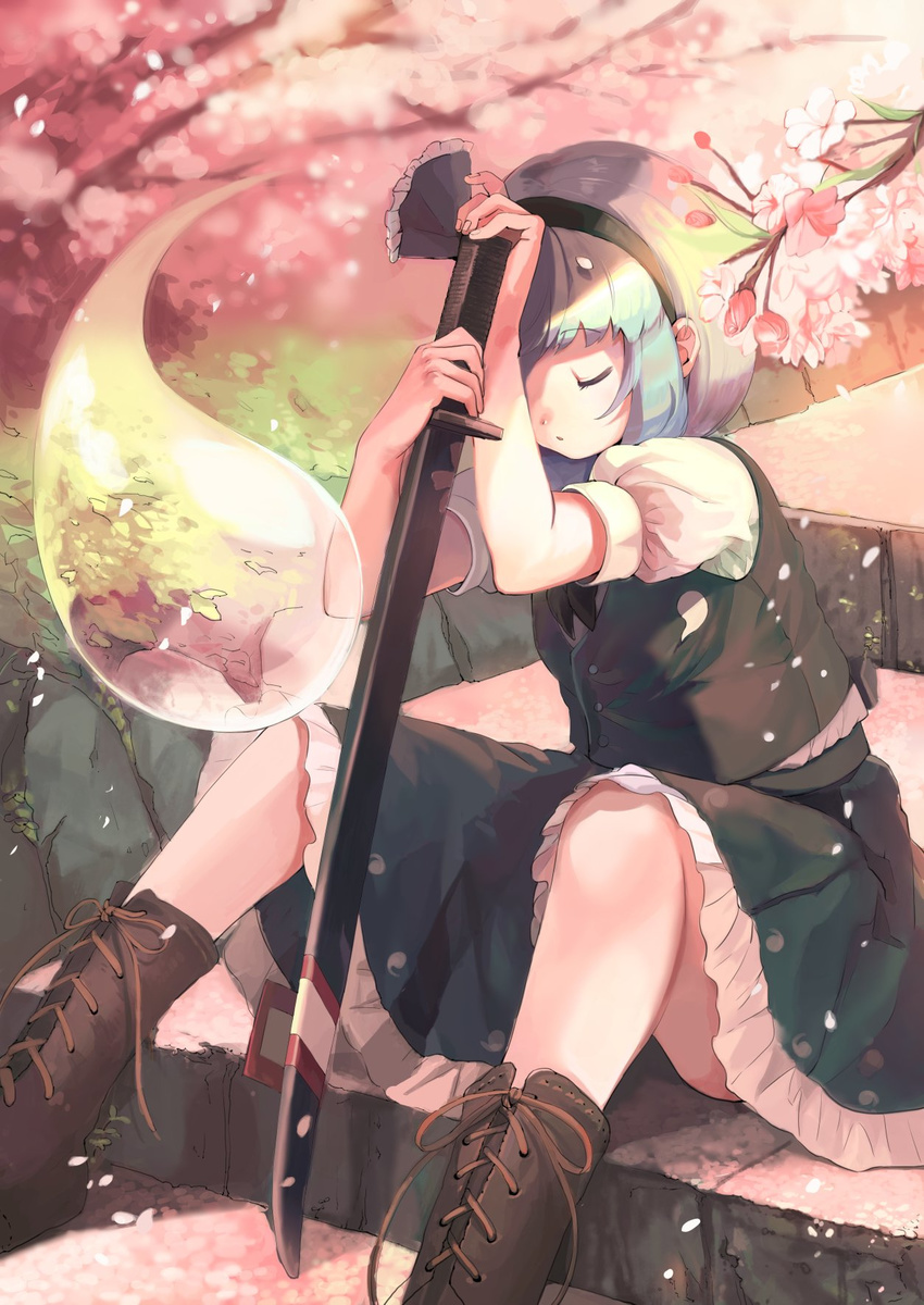 bad_id bad_twitter_id bangs boots brown_footwear buttons cherry_blossoms closed_eyes cross-laced_footwear flower green_skirt hair_ribbon highres konpaku_youmu konpaku_youmu_(ghost) lace-up_boots outdoors puffy_short_sleeves puffy_sleeves ribbon sheath sheathed short_hair short_sleeves silver_hair sitting skirt skirt_set sleeping sleeping_upright solo stairs surumeri_(baneiro) sword touhou vest weapon