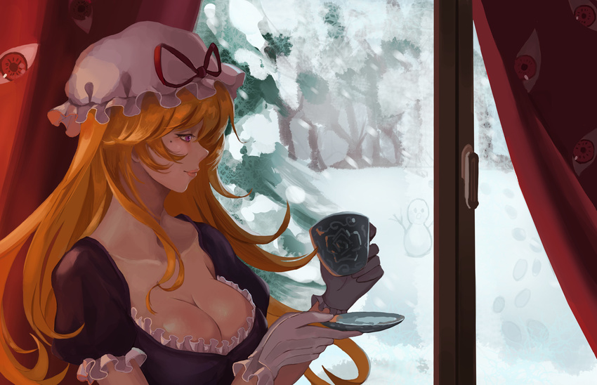 absurdres blonde_hair breasts cleavage collarbone cup dianci_&amp;_bu-tong dress eyelashes eyes footprints forest frilled_dress frilled_gloves frilled_sleeves frills from_side gloves half-closed_eyes hat hat_ribbon highres holding holding_cup indoors large_breasts light_smile lips long_hair looking_out_window mob_cap mole mole_under_eye nature pine_tree purple_dress purple_eyes red_eyes ribbon saucer shiny shiny_hair snow snowing snowman solo teacup touhou tree upper_body white_gloves window winter yakumo_yukari