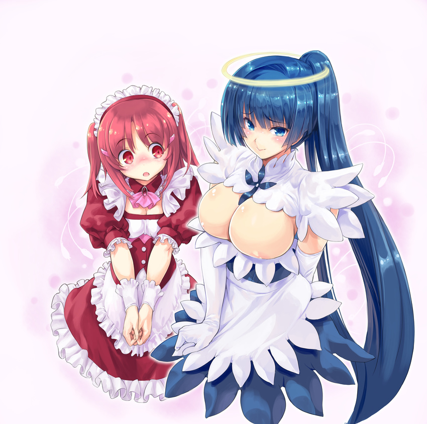 :o apron apron_tug areola_slip areolae ascot bangs blue_dress blue_eyes blue_hair blunt_bangs blush breast_envy breasts brooch cleavage closed_mouth cowboy_shot dress elbow_gloves frilled_dress frills gloves hair_ornament halo highres jewelry kiyama_satoshi large_breasts long_hair looking_at_another looking_at_breasts looking_at_viewer looking_down maid multiple_girls open_mouth original ponytail puffy_short_sleeves puffy_sleeves red_dress red_eyes red_hair short_sleeves smile two_side_up v_arms very_long_hair waist_apron white_gloves wrist_cuffs