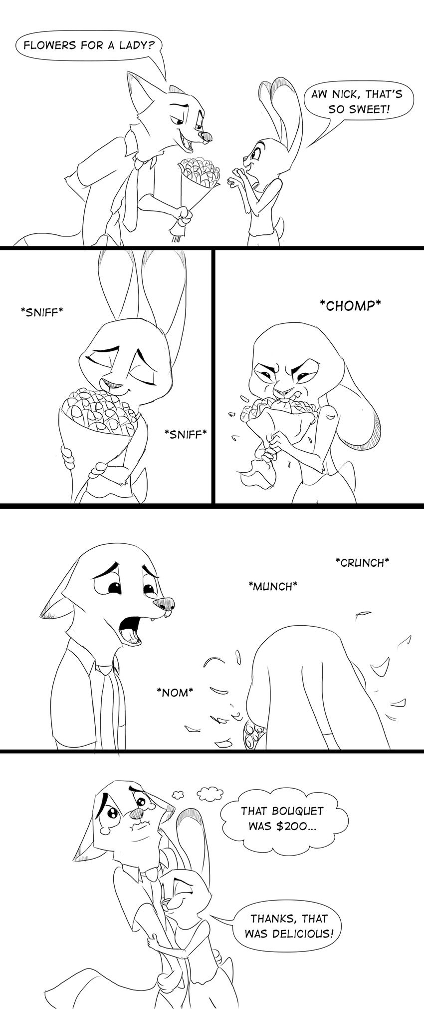 2017 anthro black_and_white bluedouble bouquet canine clothed clothing comic dialogue disney duo eating english_text female flower fox hug humor judy_hopps lagomorph male male/female mammal monochrome nick_wilde plant rabbit romantic_couple simple_background tears text white_background zootopia