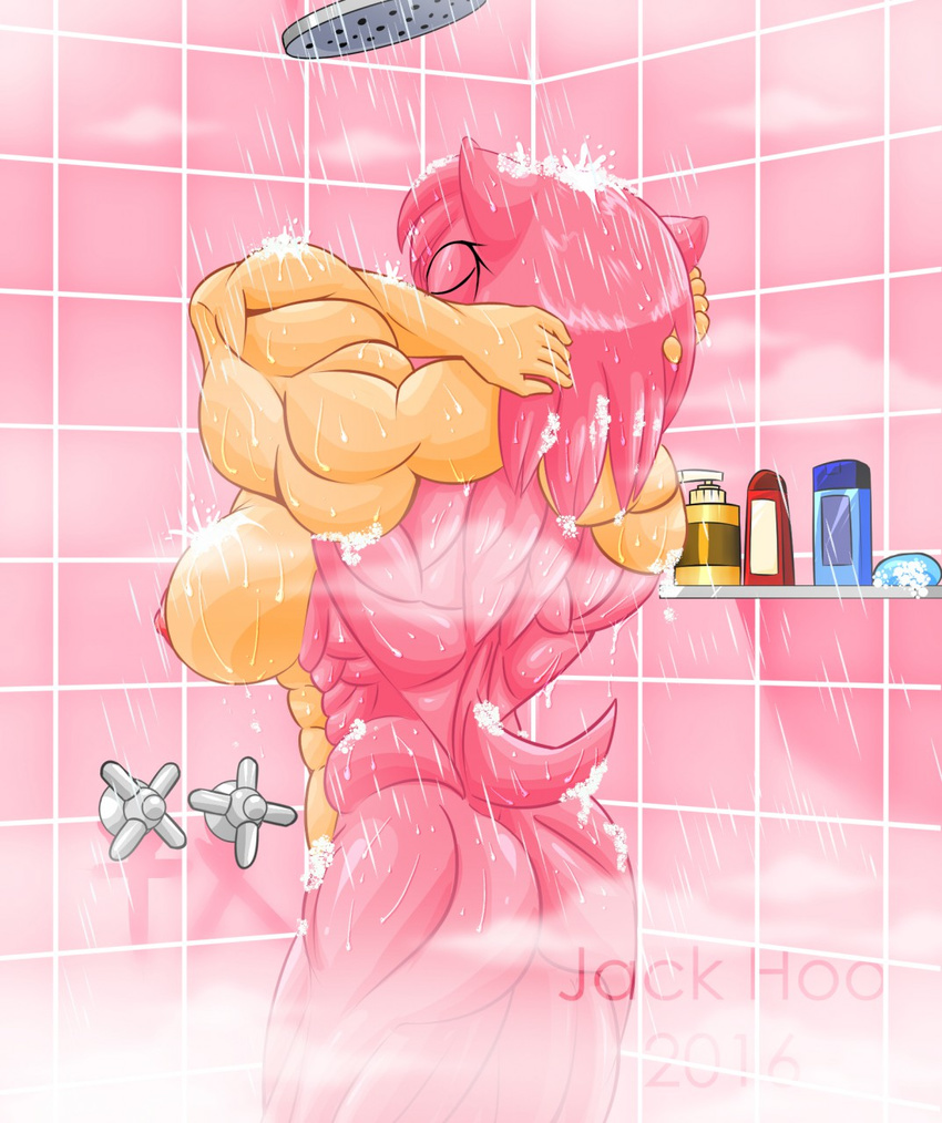 2017 abs amy_rose anthro bathing biceps big_breasts breasts butt eyes_closed female fog fur hedgehog jack_hoo_(artist) mammal muscular muscular_female nipples nozzle nude pink_fur rodent shower side_boob soap solo sonic_(series) steam water wet
