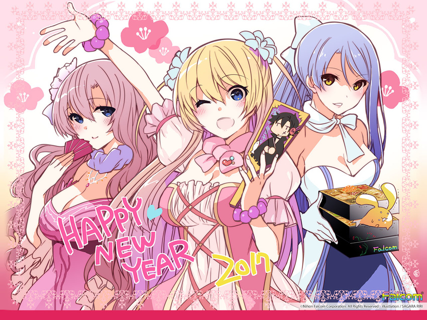 3girls alisa_reinford blonde_hair blue_eyes blush breasts brown_hair choker cleavage company_name detached_sleeves dress eiyuu_densetsu emma_millstein falcom floral_background flower gloves hair_ornament hair_ribbon hanetsuki happy_new_year heart jewelry large_breasts laura_s._arzeid long_hair multiple_girls neckerchief necklace new_year obentou official_art ponytail puffy_sleeves rean_schwartzer ribbon sagaraise sen_no_kiseki sen_no_kiseki_2 sleeveless sleeveless_dress yellow_eyes