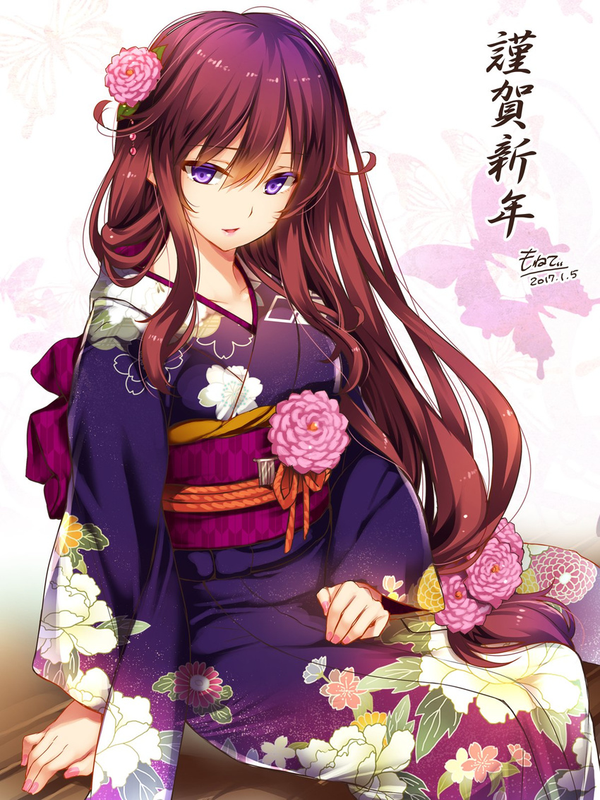 2017 alternate_costume arm_support artist_name bangs brown_hair commentary_request dahlia_(flower_knight_girl) dated floral_print flower flower_knight_girl from_side gradient_hair hair_between_eyes hair_flower hair_ornament hand_on_lap highres japanese_clothes kimono long_hair long_sleeves looking_at_viewer looking_to_the_side low-tied_long_hair moneti_(daifuku) multicolored_hair nail_polish obi parted_lips pink_nails purple_eyes sash sidelocks signature sitting smile solo translation_request very_long_hair wide_sleeves