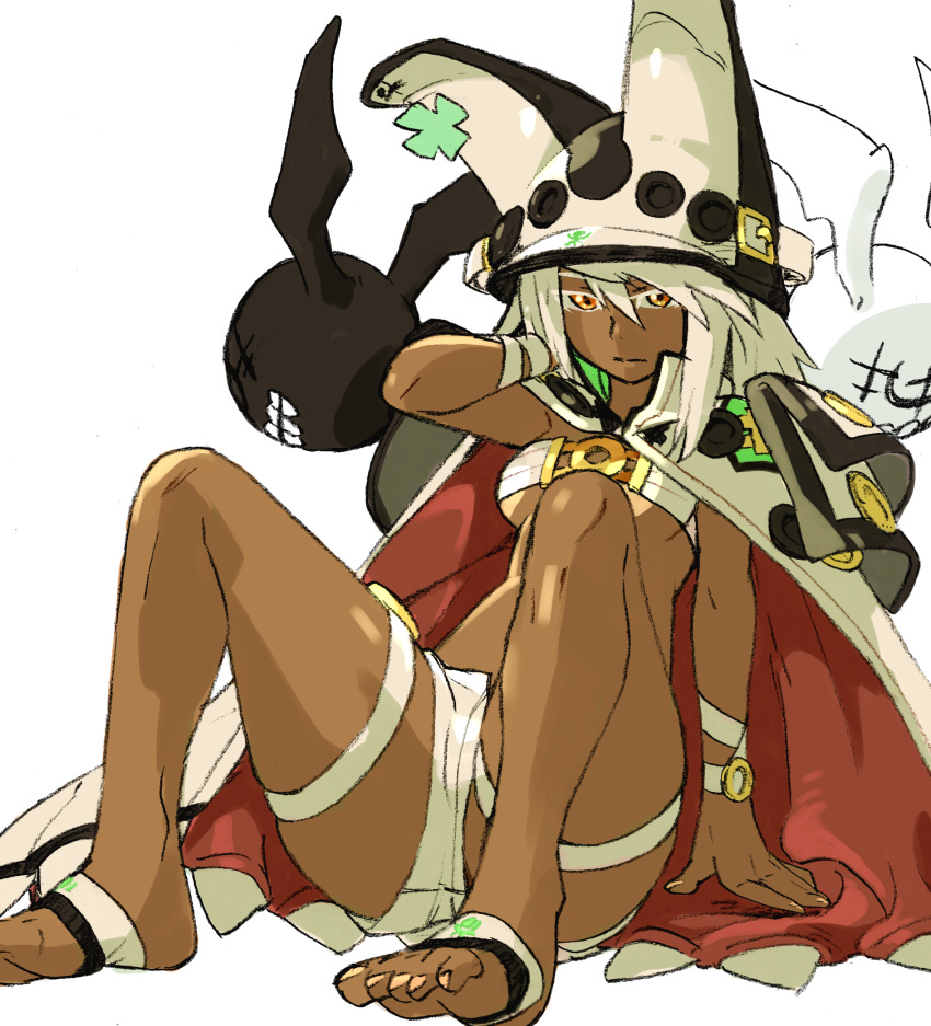 american_dog_wo bangs beltbra breasts cape closed_mouth clover colored_eyelashes dark_skin feet four-leaf_clover guilty_gear guilty_gear_xrd hair_between_eyes hat highres long_hair medium_breasts orange_eyes ramlethal_valentine shorts simple_background sitting solo thigh_strap toenails toes white_background white_cape white_hair white_shorts