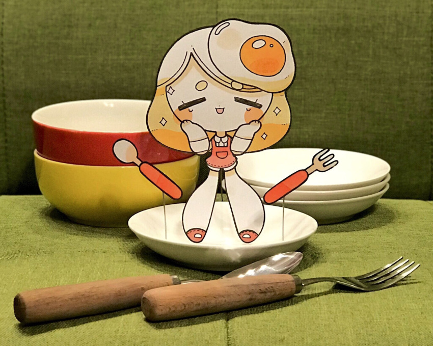 1girl bowl cermrnl egg eyes_closed food fork hands_on_own_cheeks hands_on_own_face highres long_hair open_mouth original papercraft personification photo plate red_footwear smile solo sparkle spoon white_hair