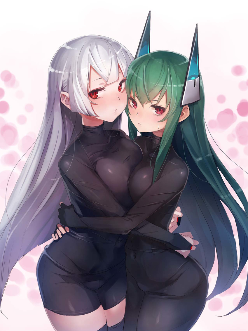 :&lt; :/ asymmetrical_docking bangs black_bodysuit black_legwear blunt_bangs blush bodysuit breast_press breasts bridal_gauntlets collarbone covered_navel expressionless gradient gradient_background green_hair headgear highres hug long_hair looking_at_viewer medium_breasts menou_kaname multiple_girls original red_eyes sidelocks skin_tight sweatdrop taishi_(picchiridou) thighhighs tsuru-chan white_hair yuri