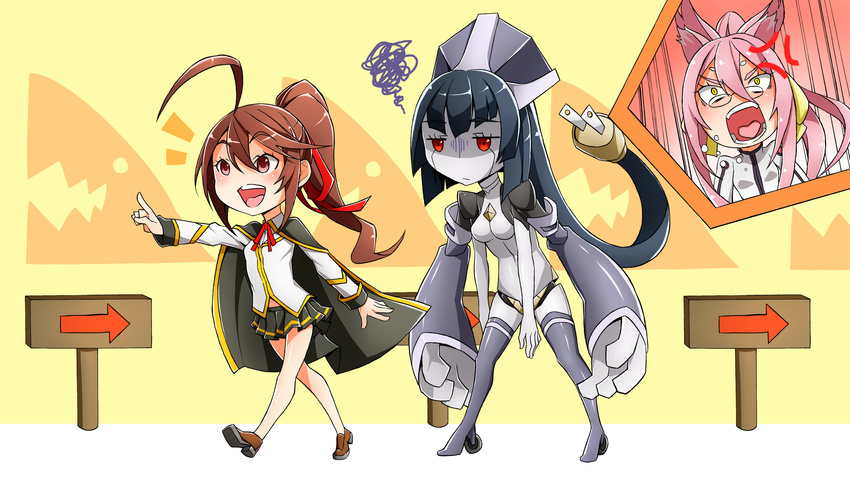3girls ahoge android anger_vein angry animal_ears arc_system_works artist_request black_hair blazblue blush breasts brown_eyes brown_hair cape cat_ears celica_a_mercury directional_arrow glasses hair_ribbon kokonoe minerva_(blazblue) multiple_girls open_mouth pince-nez pink_hair ponytail red_eyes robot school_uniform screaming shaded_face shiny shiny_hair skirt smile tonuge turn_pale yellow_eyes