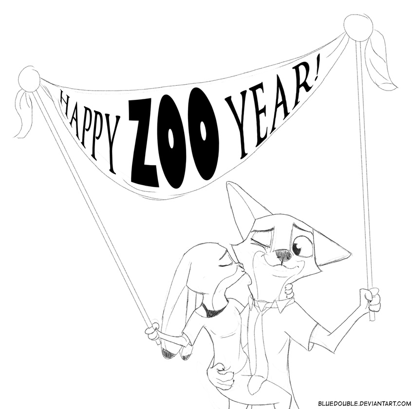 2016 anthro banner black_and_white bluedouble canine carrying clothed clothing disney duo english_text female fox holding_object humor judy_hopps kissing lagomorph male male/female mammal monochrome necktie nick_wilde one_eye_closed pun rabbit simple_background text white_background zootopia