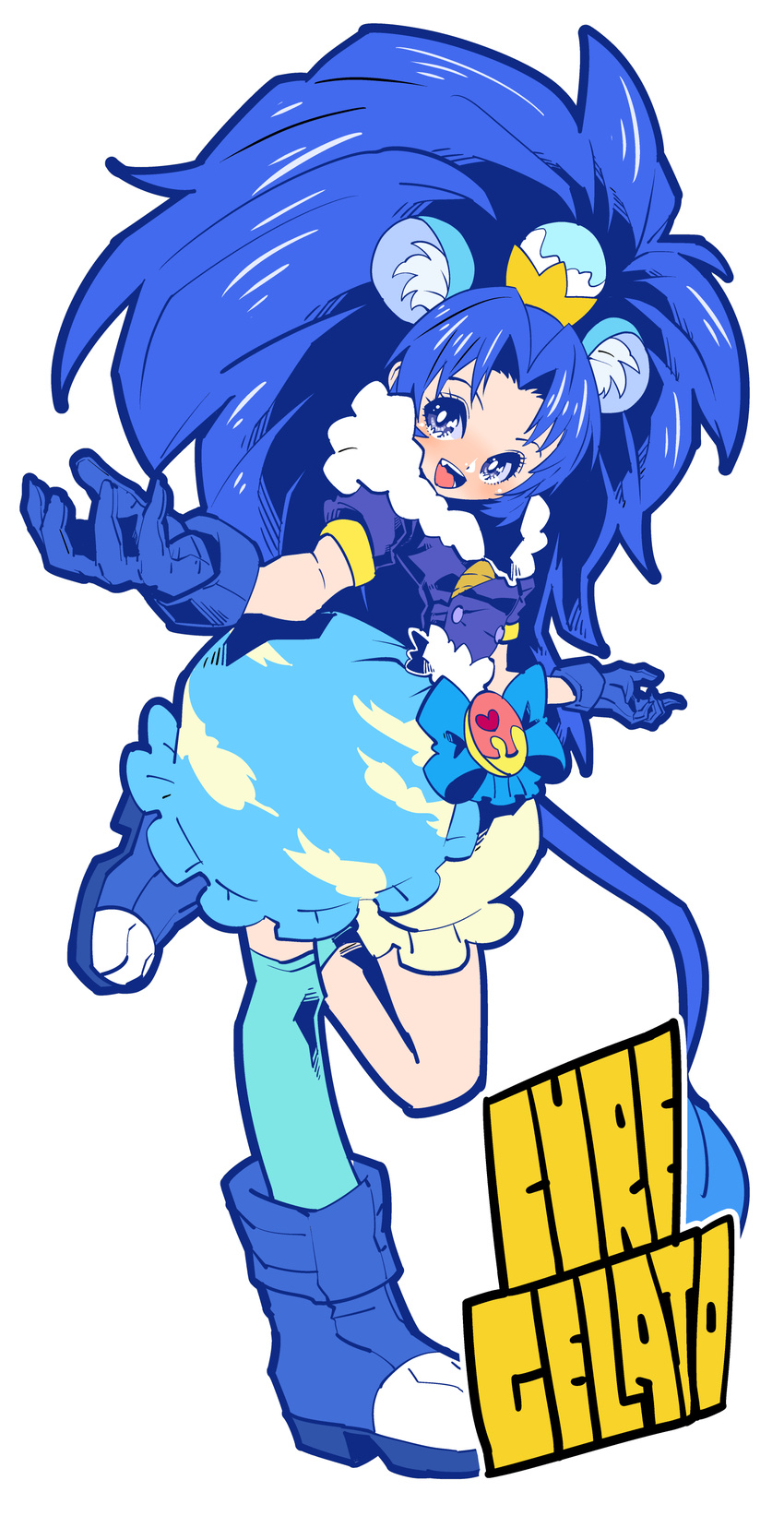 :d absurdres animal_ears bad_proportions bangs blue blue_eyes blue_footwear blue_gloves blue_hair blue_legwear blue_shirt blue_skirt character_name cloud_print cure_gelato extra_ears full_body gloves highres katana_(life_is_beautiful) kirakira_precure_a_la_mode layered_skirt lion_ears lion_tail long_hair looking_at_viewer magical_girl open_mouth parted_bangs precure print_skirt shirt shoes single_thighhigh skirt smile solo standing standing_on_one_leg tail tategami_aoi thighhighs white_background