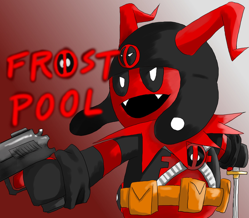 artist_request belt character_name commentary_request deadpool fangs from_behind gun hat highres jack_frost looking_back marvel megami_tensei no_humans open_mouth solo sword utility_belt weapon