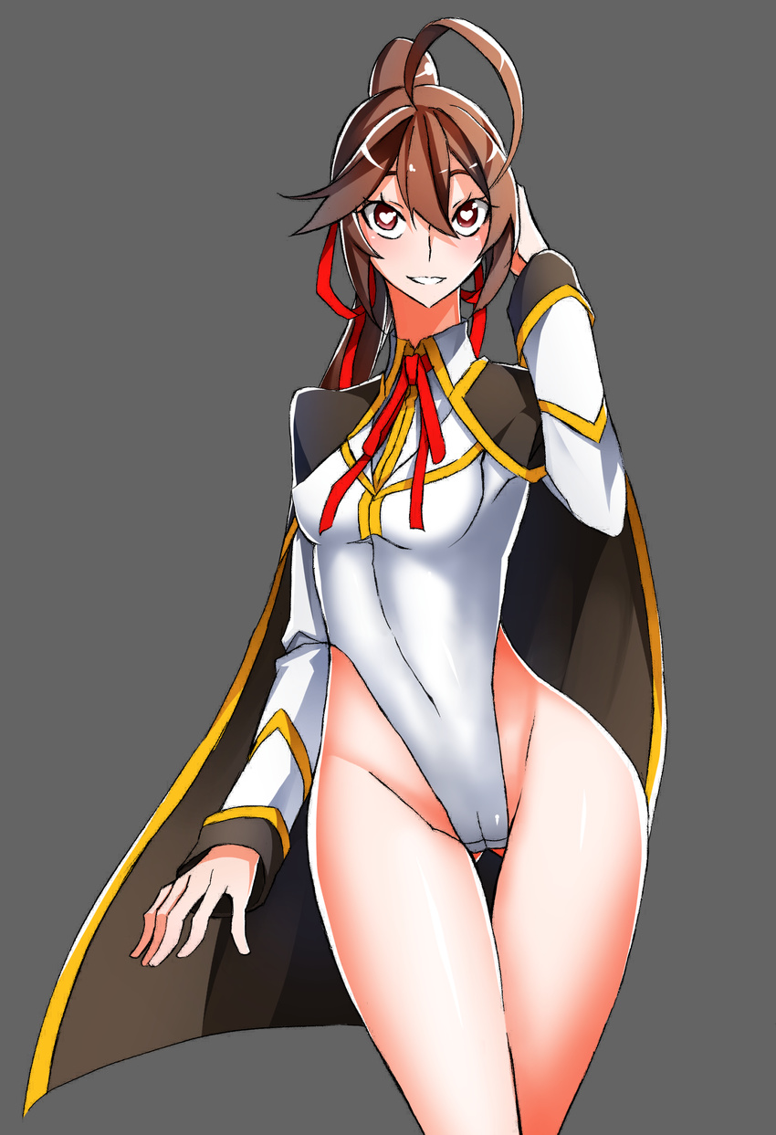 1girl ahoge alternate_costume arc_system_works artist_request blazblue breasts brown_eyes brown_hair cape celica_a_mercury grey_background hair_ribbon heart-shaped_pupils highleg highleg_leotard leotard long_hair looking_at_viewer ponytail ribbon shiny shiny_hair shiny_skin simple_background smile solo symbol-shaped_pupils