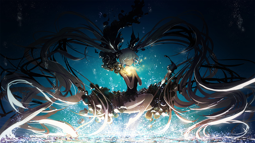 absurdly_long_hair barefoot black_dress bubble closed_eyes closed_mouth dress eyebrows_visible_through_hair full_body glowing green_hair hatsune_miku highres lengchan_(fu626878068) long_hair own_hands_together shinkai_shoujo_(vocaloid) sleeveless sleeveless_dress smile solo twintails very_long_hair vocaloid