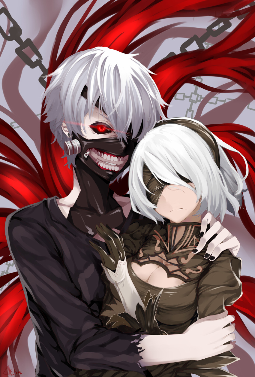 1girl abiboge absurdres black_dress black_nails black_sclera black_shirt blindfold breasts chain cleavage cleavage_cutout commentary_request crossover dress eyepatch gloves glowing glowing_eye grin hairband highres hug juliet_sleeves kagune_(tokyo_ghoul) kaneki_ken large_breasts long_sleeves looking_at_viewer mask mole mole_under_mouth nail_polish nier_(series) nier_automata puffy_sleeves red_eyes shirt short_hair silver_hair smile standing tokyo_ghoul torn_clothes torn_shirt yorha_no._2_type_b
