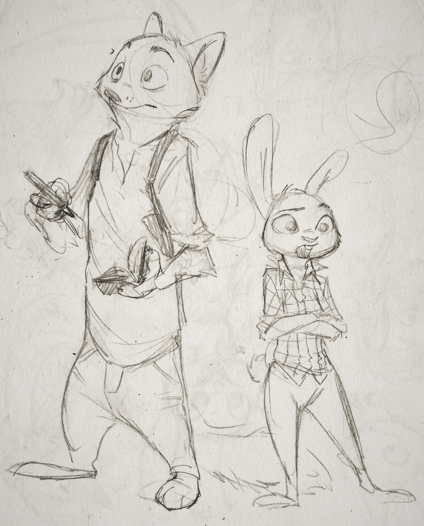 2016 2017 anthro black_and_white book canine clothed clothing crossed_arms disney duo female fox holding_object judy_hopps lagomorph male mammal monochrome monoflax nick_wilde pen rabbit simple_background standing traditional_media_(artwork) white_background zootopia