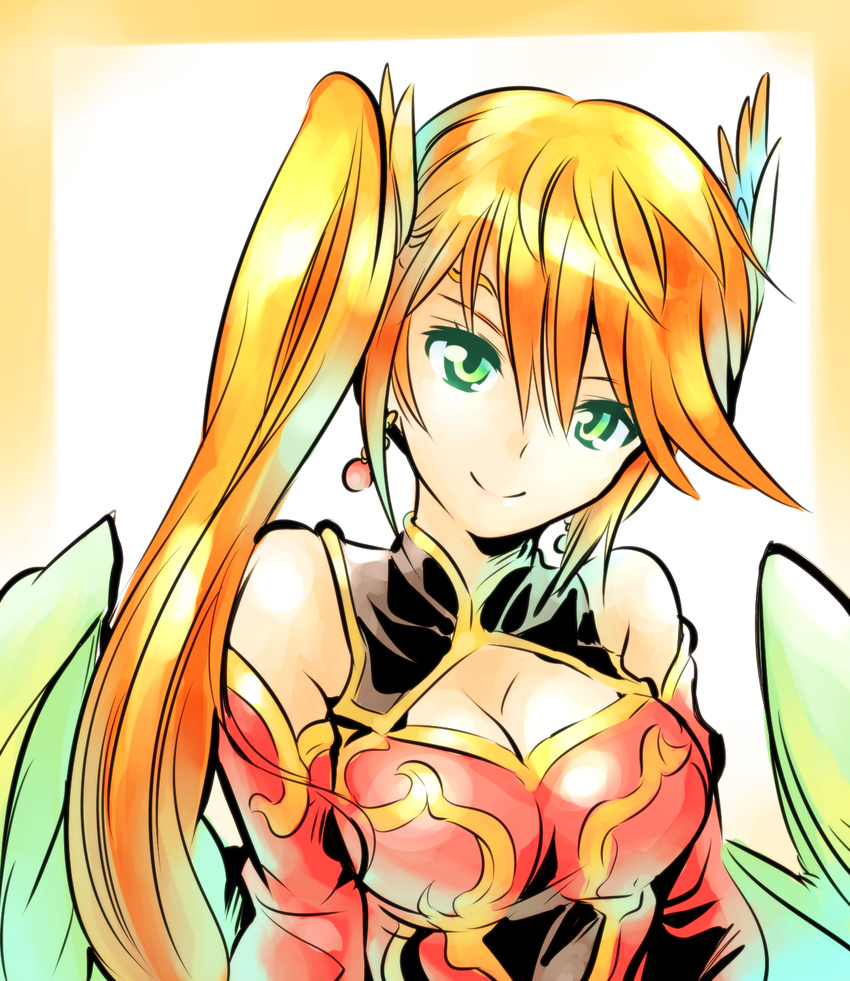 bare_shoulders breasts chinese_clothes cleavage cleavage_cutout earrings green_eyes highres ishiyumi jewelry large_breasts leilan_(p&amp;d) long_hair looking_at_viewer orange_hair puzzle_&amp;_dragons side_ponytail smile solo wings