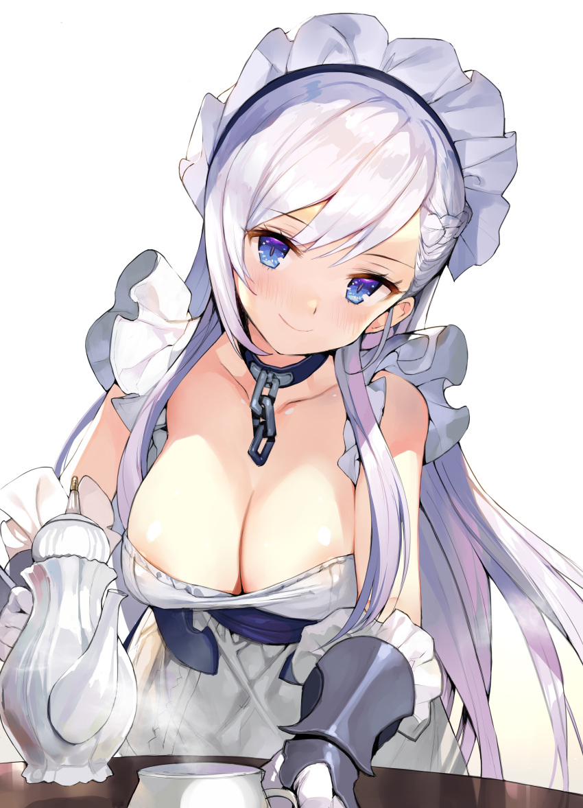 1girl absurdres asymmetrical_bangs azur_lane bangs belfast_(azur_lane) blue_eyes blush braid breasts cleavage collar collarbone fanbox_reward frill_trim gloves highres large_breasts lavender_hair leaning_forward long_hair looking_at_viewer maid_headdress matsui_hiroaki paid_reward side_braid simple_background smile solo steam teapot vambraces very_long_hair white_gloves