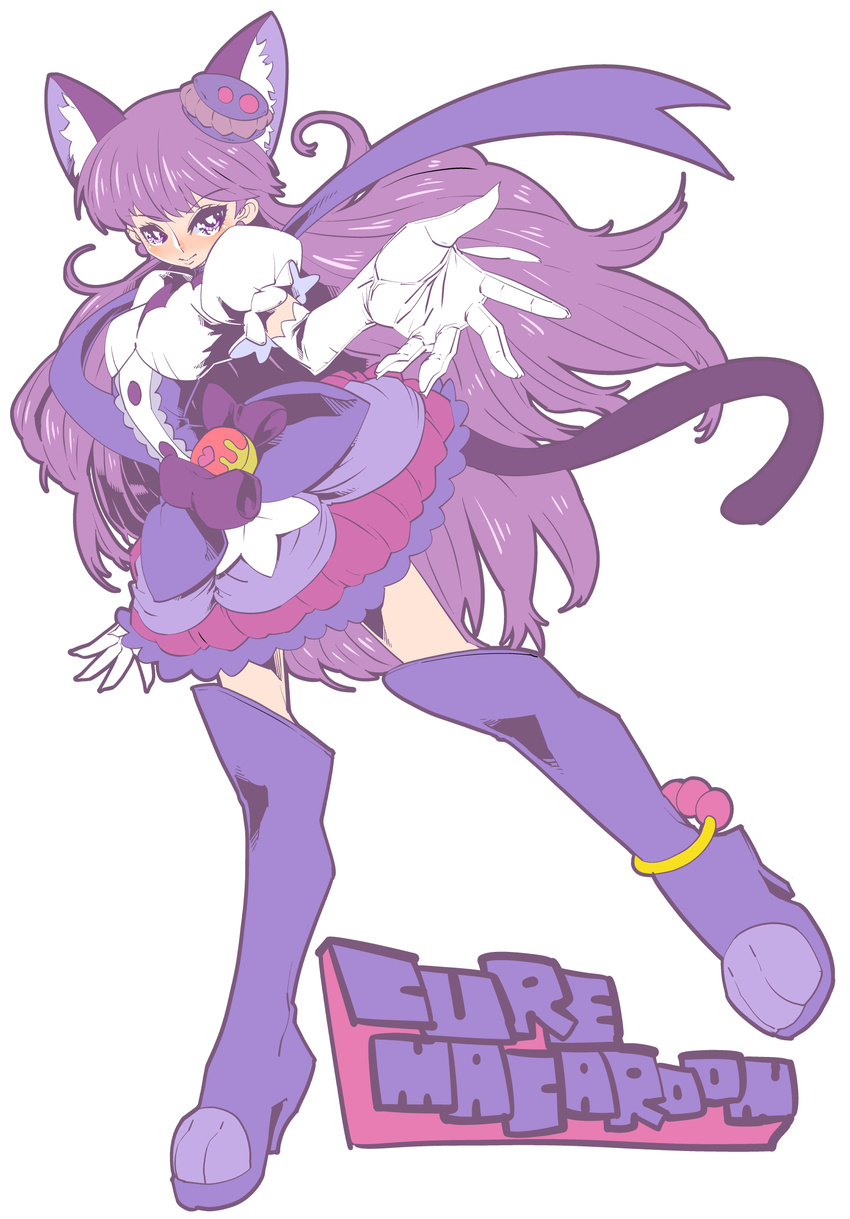animal_ears boots bow bubble_skirt cat_ears cat_tail character_name cure_macaron elbow_gloves extra_ears food_themed_hair_ornament gloves hair_ornament highres katana_(life_is_beautiful) kirakira_precure_a_la_mode kotozume_yukari layered_skirt looking_at_viewer macaron_hair_ornament magical_girl outstretched_hand precure puffy_sleeves purple_bow purple_eyes purple_footwear purple_skirt skirt solo tail thigh_boots thighhighs white_background white_gloves zettai_ryouiki