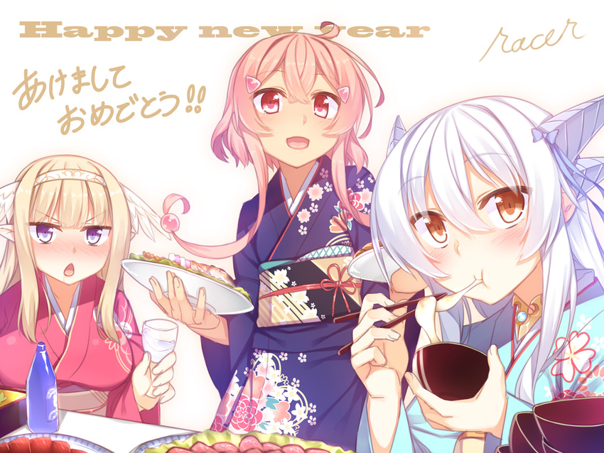 bangs blue_eyes blunt_bangs blush bottle brown_eyes brown_hair character_request chopsticks commentary_request eating english floral_print food glass hair_ribbon hairband happy_new_year holding japanese_clothes kimono long_hair looking_at_viewer mochi multiple_girls new_year open_mouth original pink_eyes pink_hair racer_(magnet) ribbon sake_bottle signature silver_hair translation_request wagashi