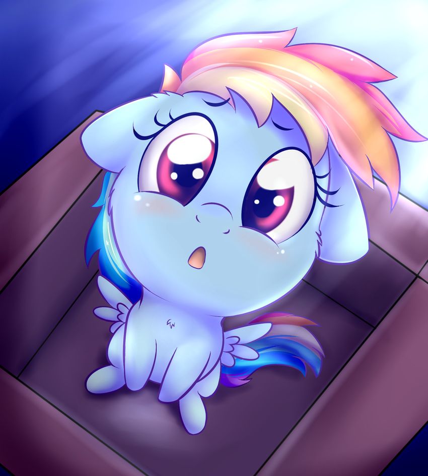 blush chest_tuft cub cute equine female feral friendship_is_magic hair heavymetalbronyyeah hi_res looking_at_viewer looking_up mammal multocolored_hair my_little_pony open_mouth pegasus rainbow_dash_(mlp) sitting tongue tuft wide_eyed wings young